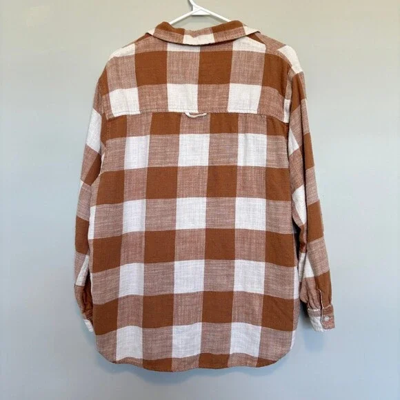 American Eagle Women's Medium Flannel Button Up Brown White Oversized Cozy Fall - Picture 4 of 10